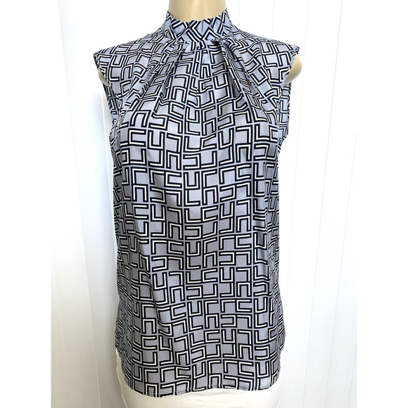 Les Copains Silk Top Blouse Geometric Sleeveless Neck Tie Gray Blue 42 4 6 S - Picture 3 of 8